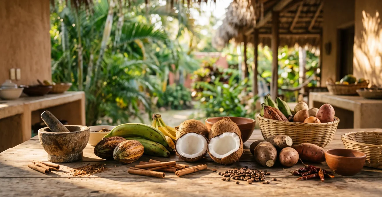 Table de cuisine créole dominicaine réunissant épices, fruits tropicaux et ustensiles traditionnels pour un voyage gastronomique