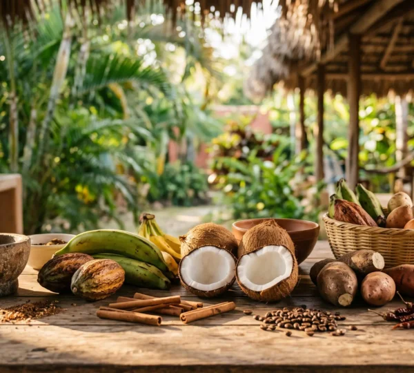 Table de cuisine créole dominicaine réunissant épices, fruits tropicaux et ustensiles traditionnels pour un voyage gastronomique