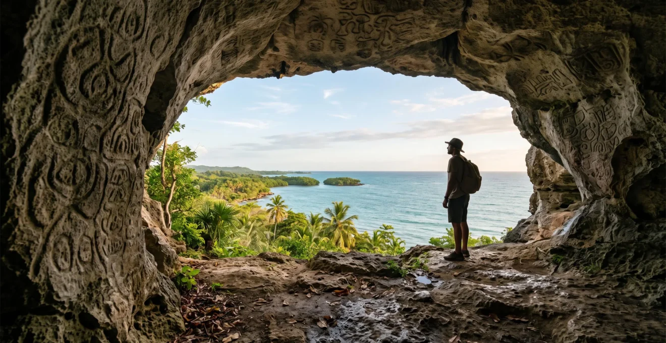 Paysage cotier de Republique dominicaine au lever du soleil avec une grotte calcaire ornee de motifs graves abstraits evoquant l'heritage taino