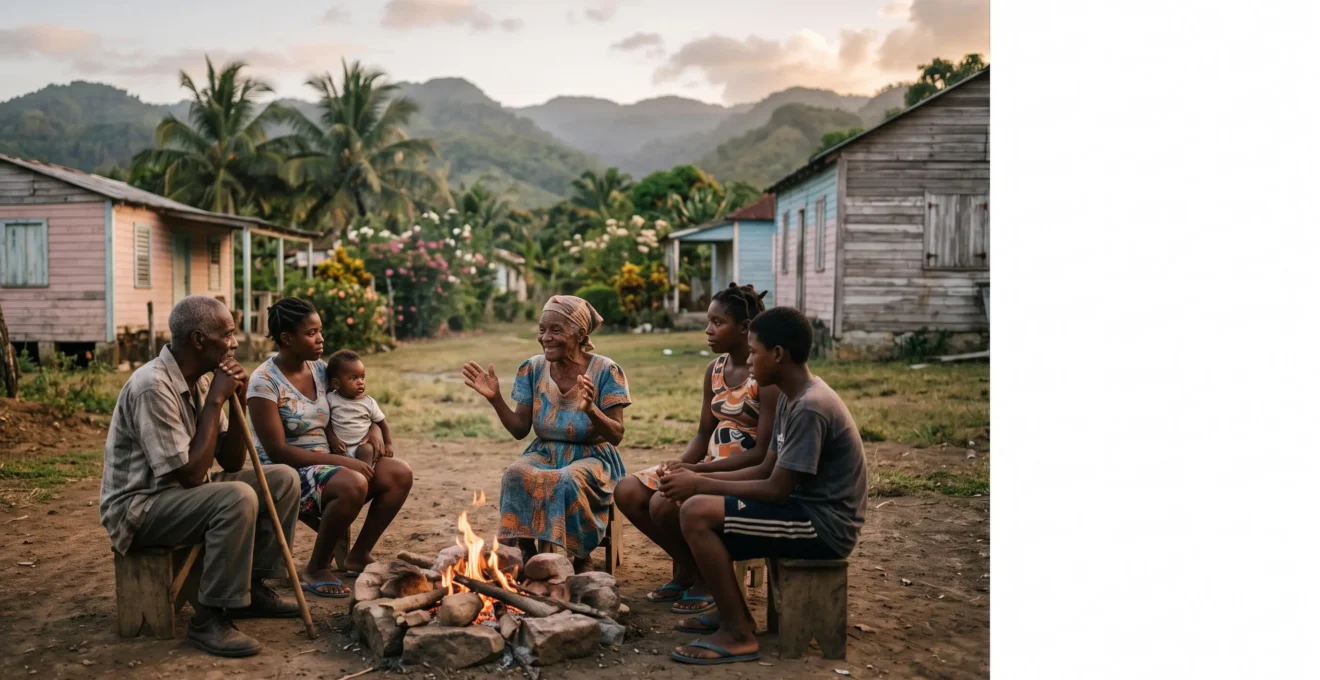 Scène crépusculaire dans un village rural dominicain où des habitants se rassemblent autour d'un rite traditionnel, symbolisant l'immersion culturelle authentique