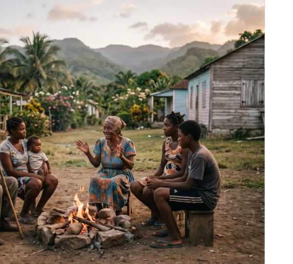Scène crépusculaire dans un village rural dominicain où des habitants se rassemblent autour d'un rite traditionnel, symbolisant l'immersion culturelle authentique