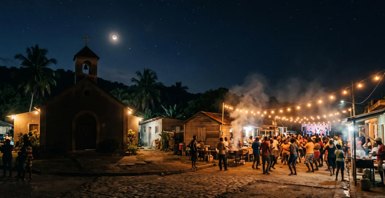 Place de village dominicaine illuminée la nuit pendant une fête patronale, entre église et fête populaire