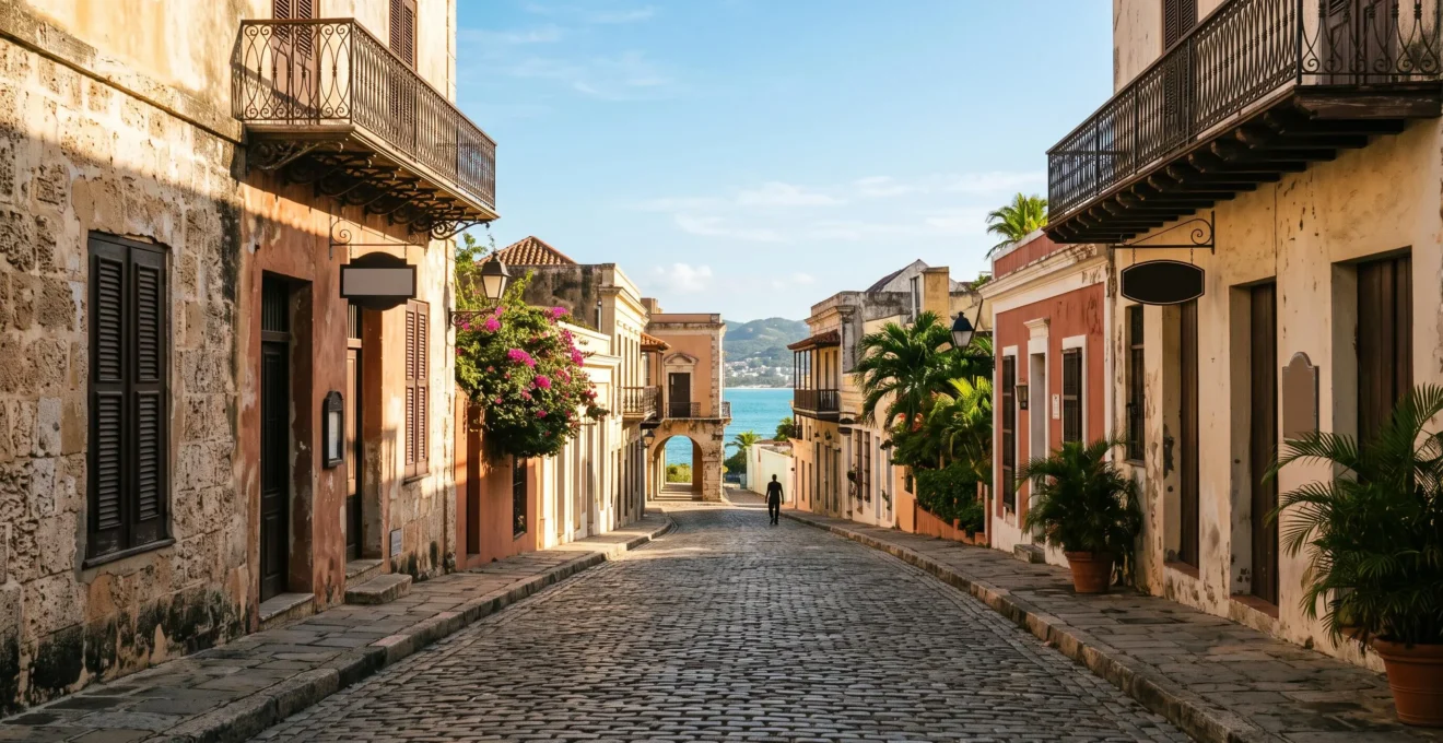 Ruelle pavee de la Zone Coloniale de Saint-Domingue bordee de facades coloniales illuminees au lever du soleil